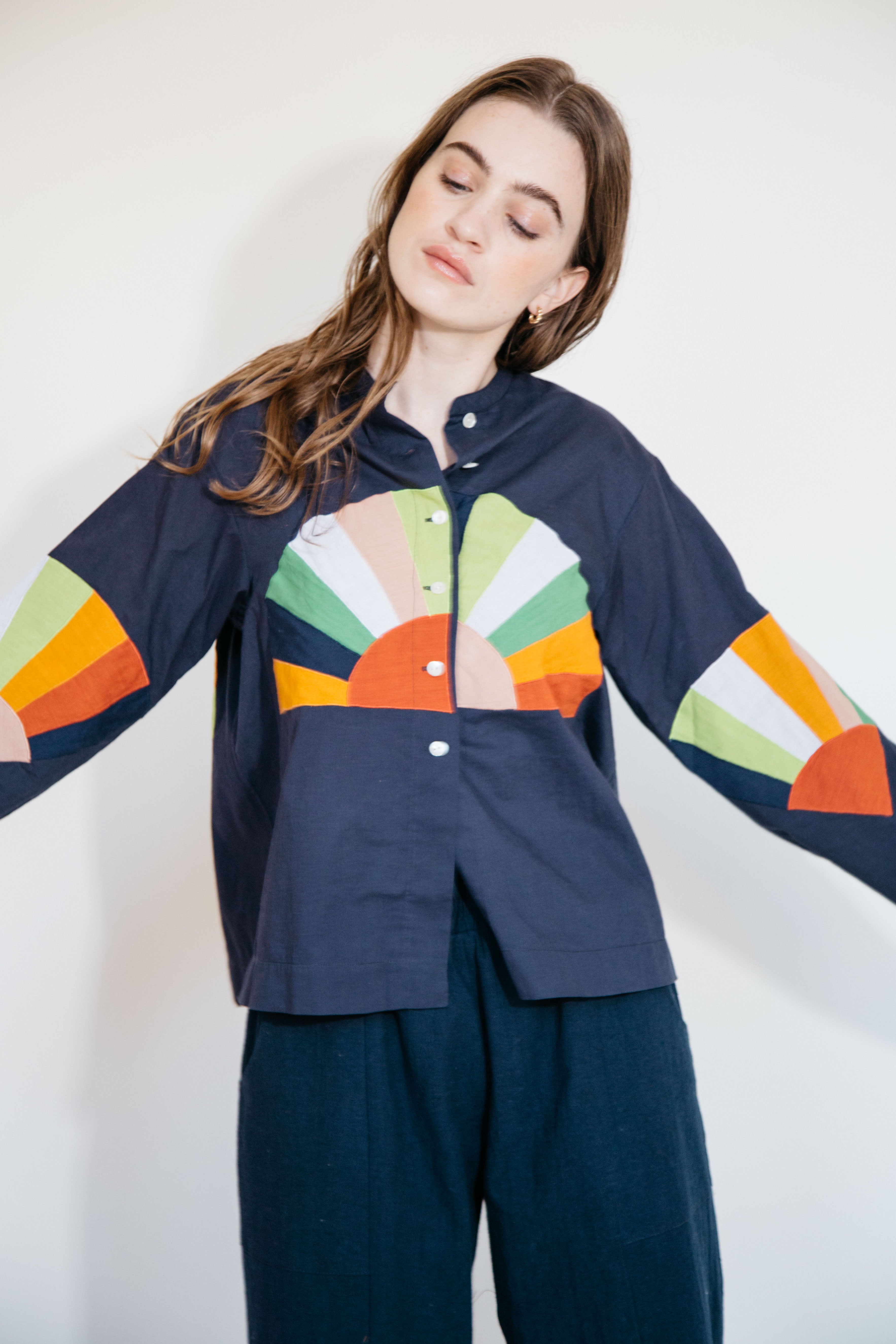 (Wholesale Pre-Order) Alpha Buttondown- Navy Fan Patch Cotton