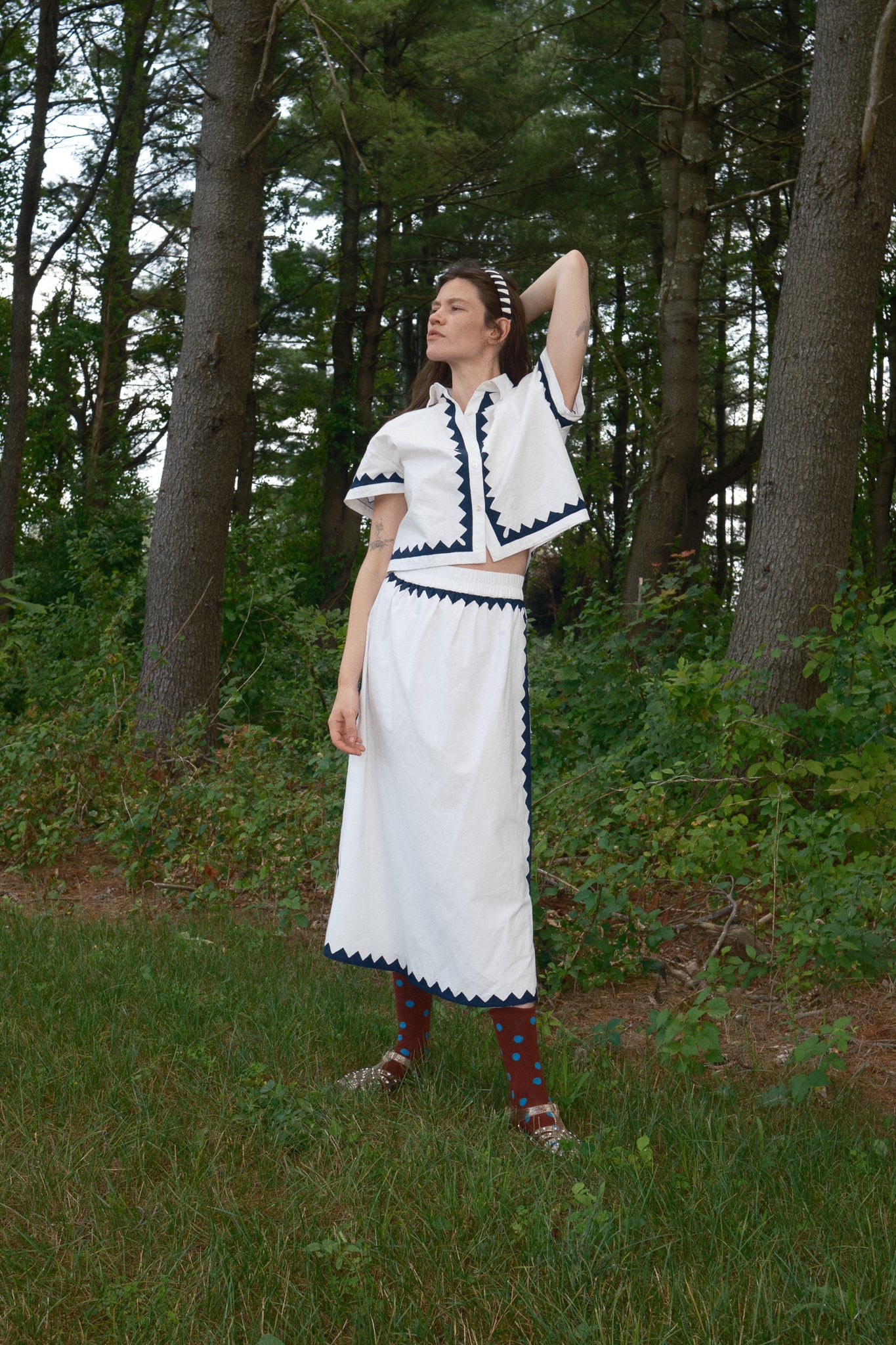 Alma Skirt - Zig Zag Applique -  Ivory/ Navy